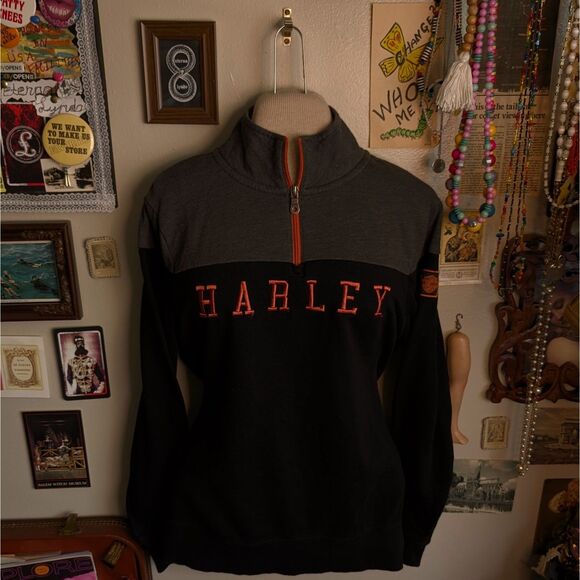 Harley Davidson Quarter Zip Sweatshirt Women's Medium/Large Black Gray Logo - Picture 1 of 9